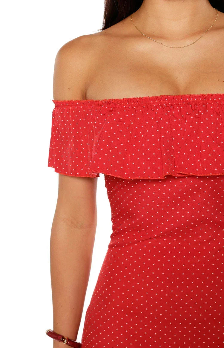 Haylie Red Polka Dot Off Shoulder Mini Dress