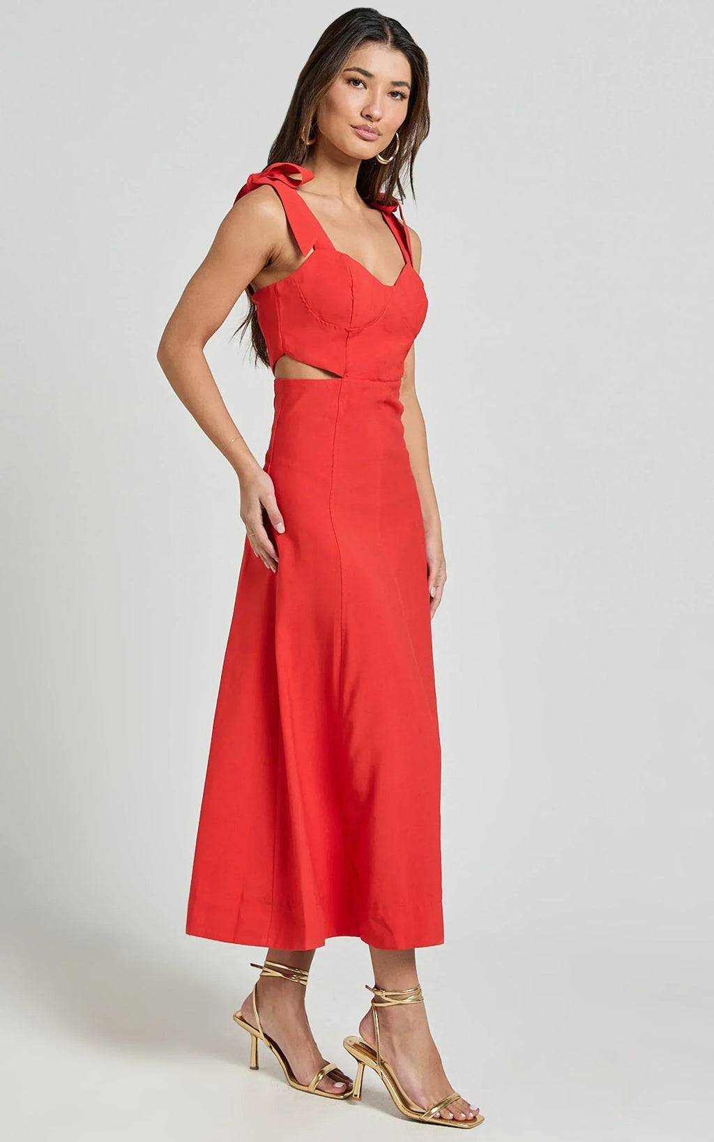 Giana Midi Dress - Shoulder Tie Cut Out Thigh Split Dress in Red
