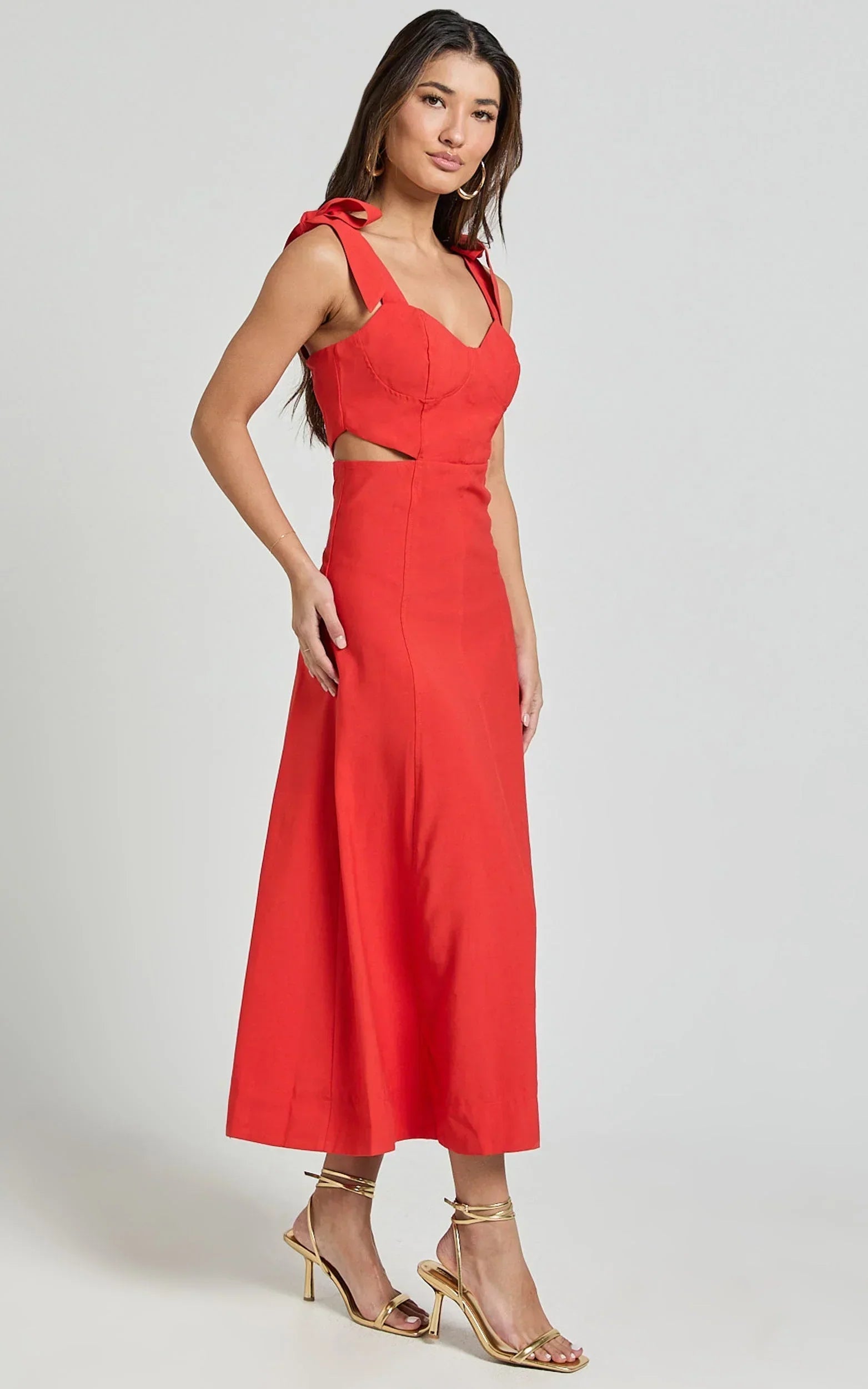 Giana Midi Dress - Shoulder Tie Cut Out Thigh Split Dress in Red