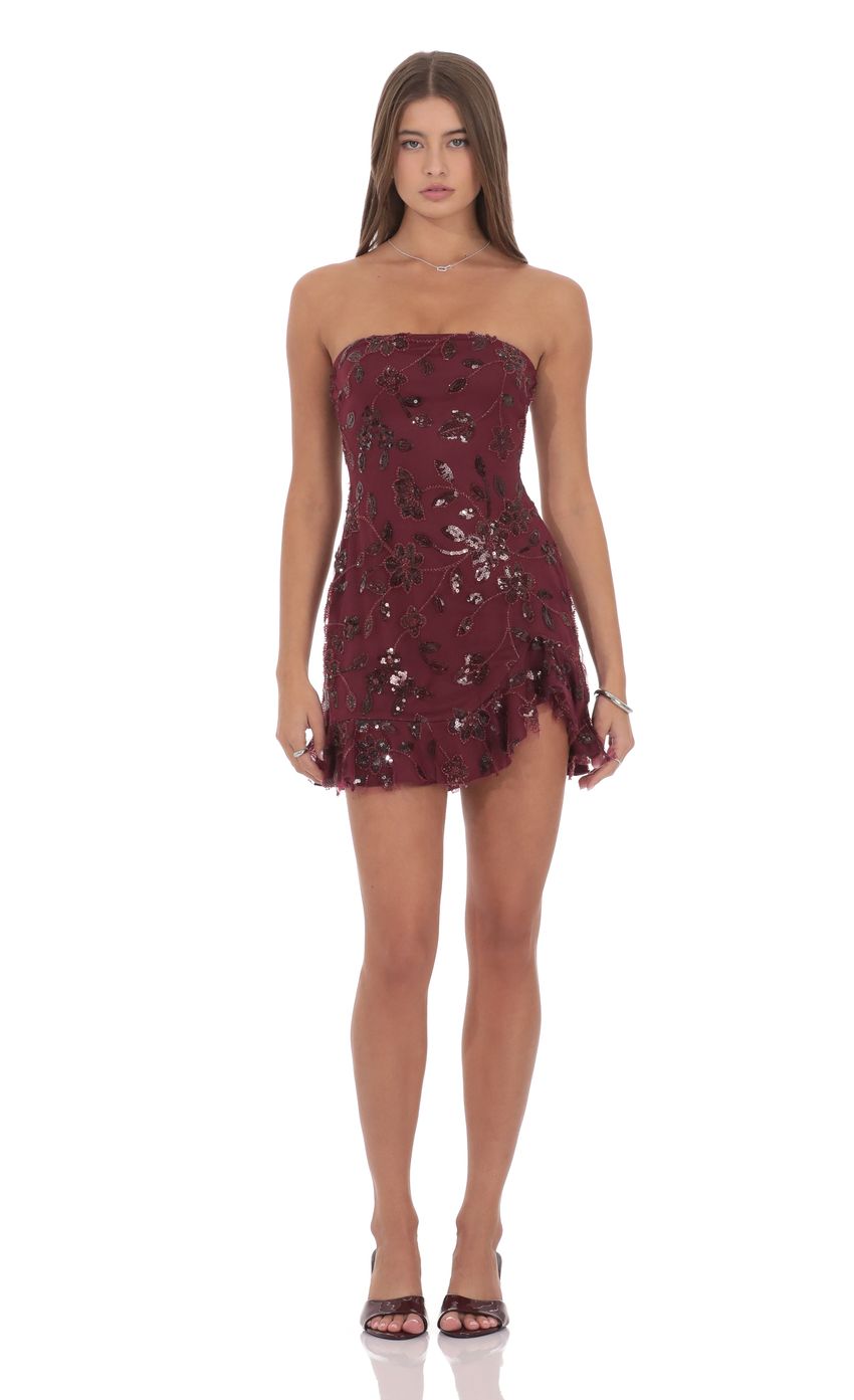 Strapless Sequin Floral Ruffle Dress in Burgundy