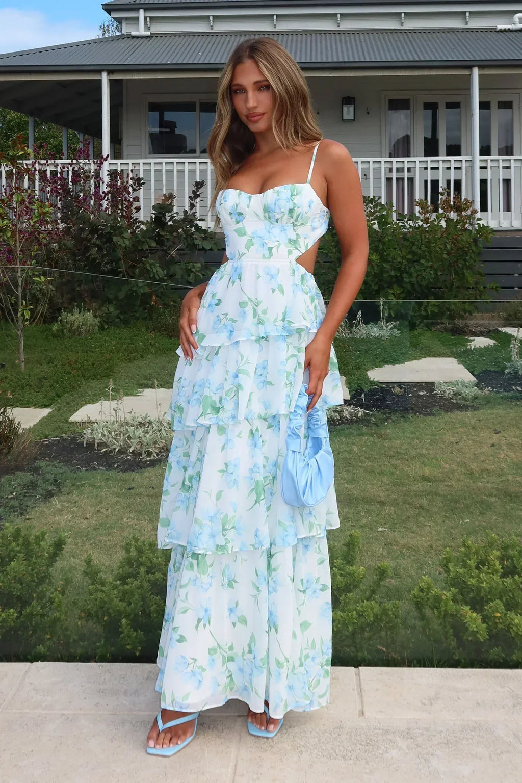 Vianne Tiered Cut-Out Maxi Dress Floral Blue