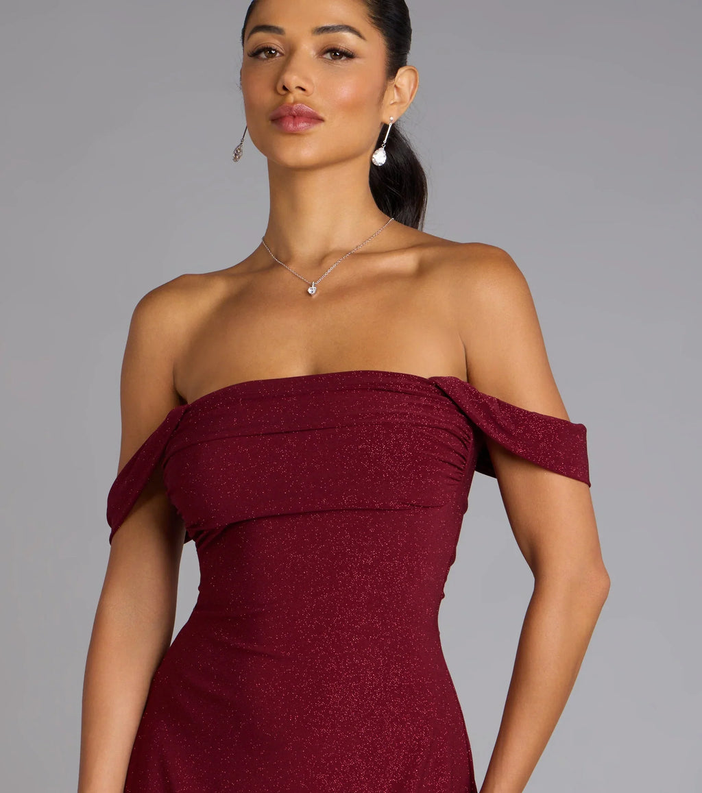 Classic Glitz Glitter Knit Off-The-Shoulder Mini Dress