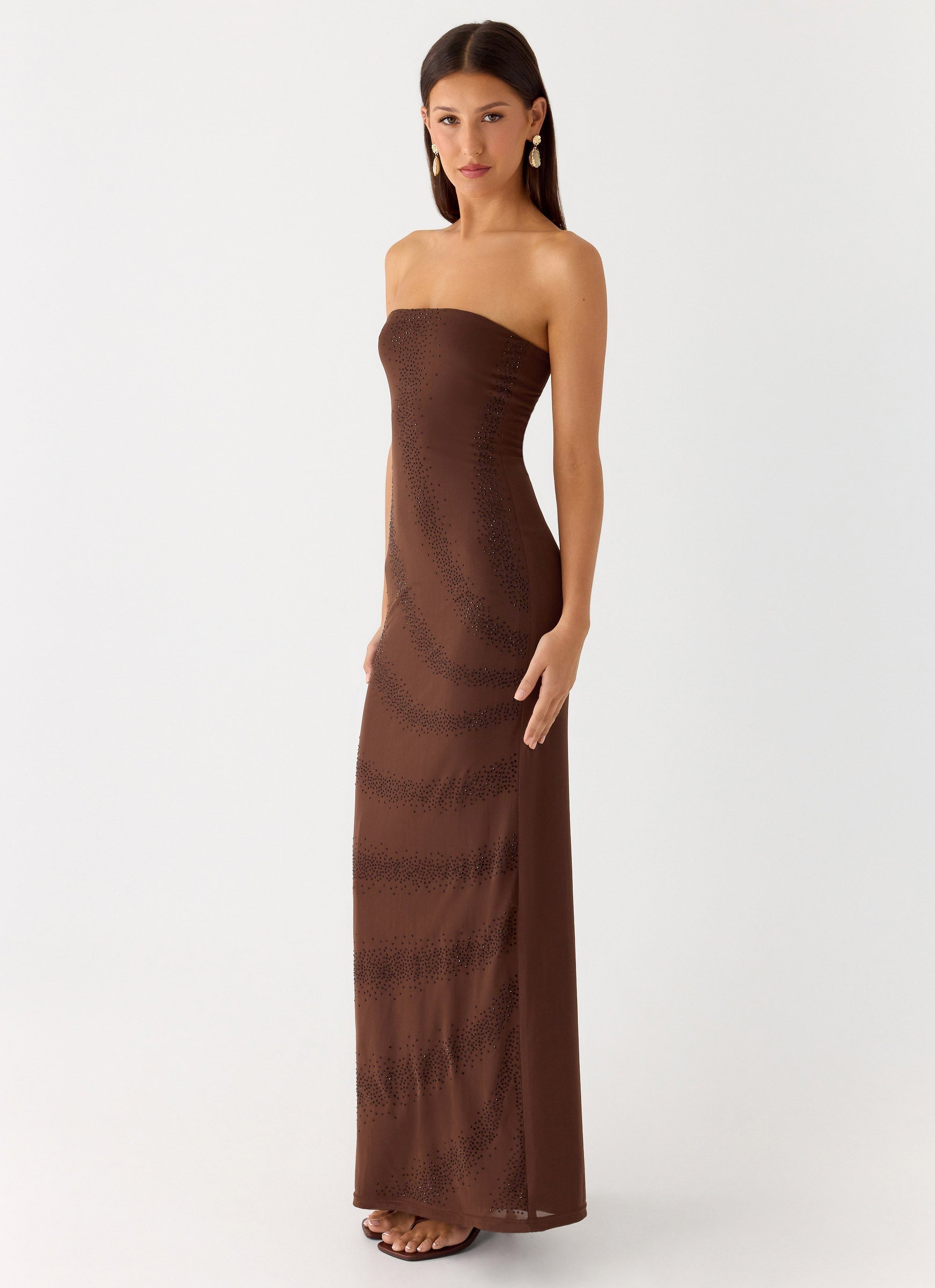 Belisse Beaded Mesh Maxi Dress Chocolate