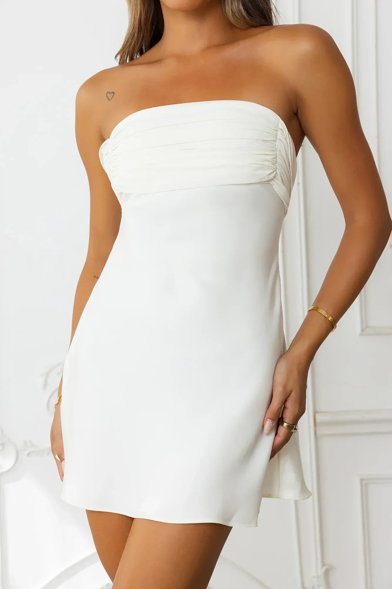 Like A Dream Off Shoulder Satin Mini Dress Ivory