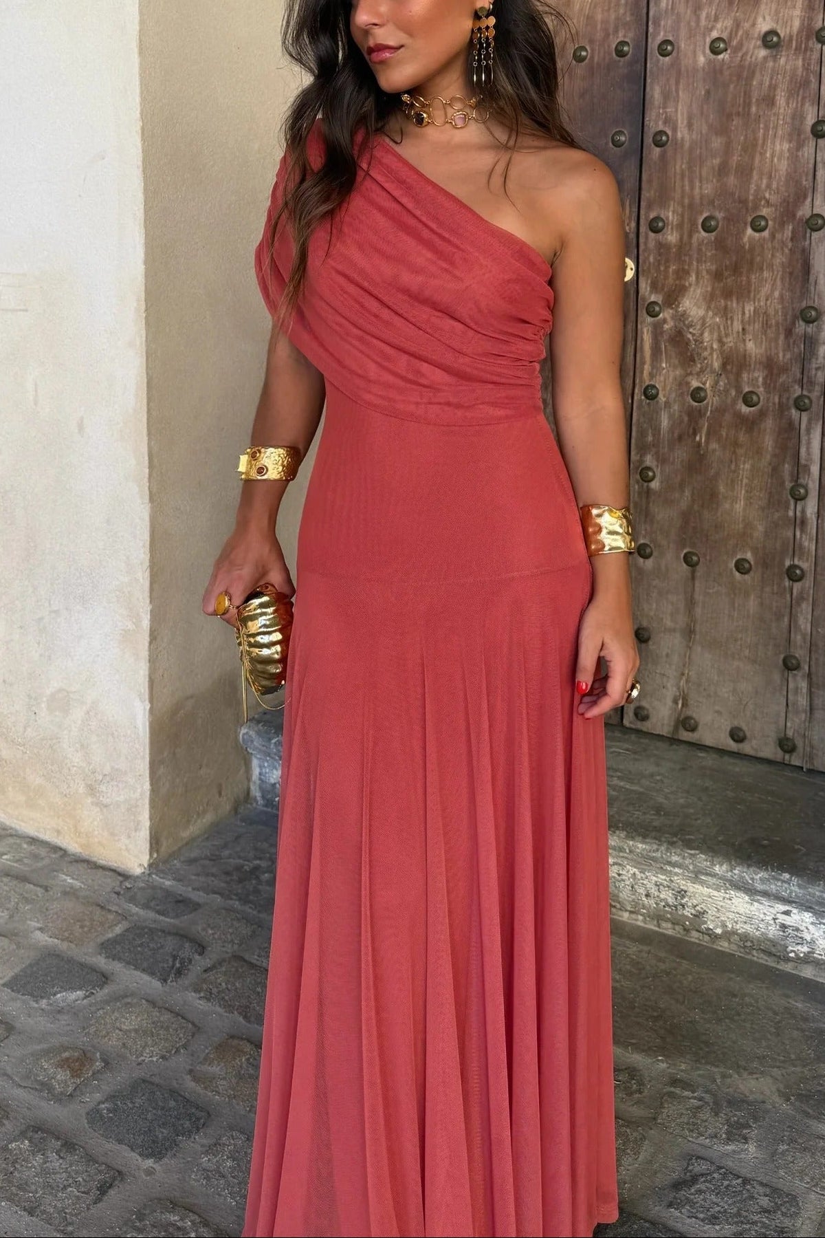 Brittany One-Shoulder Mesh Maxi Dress