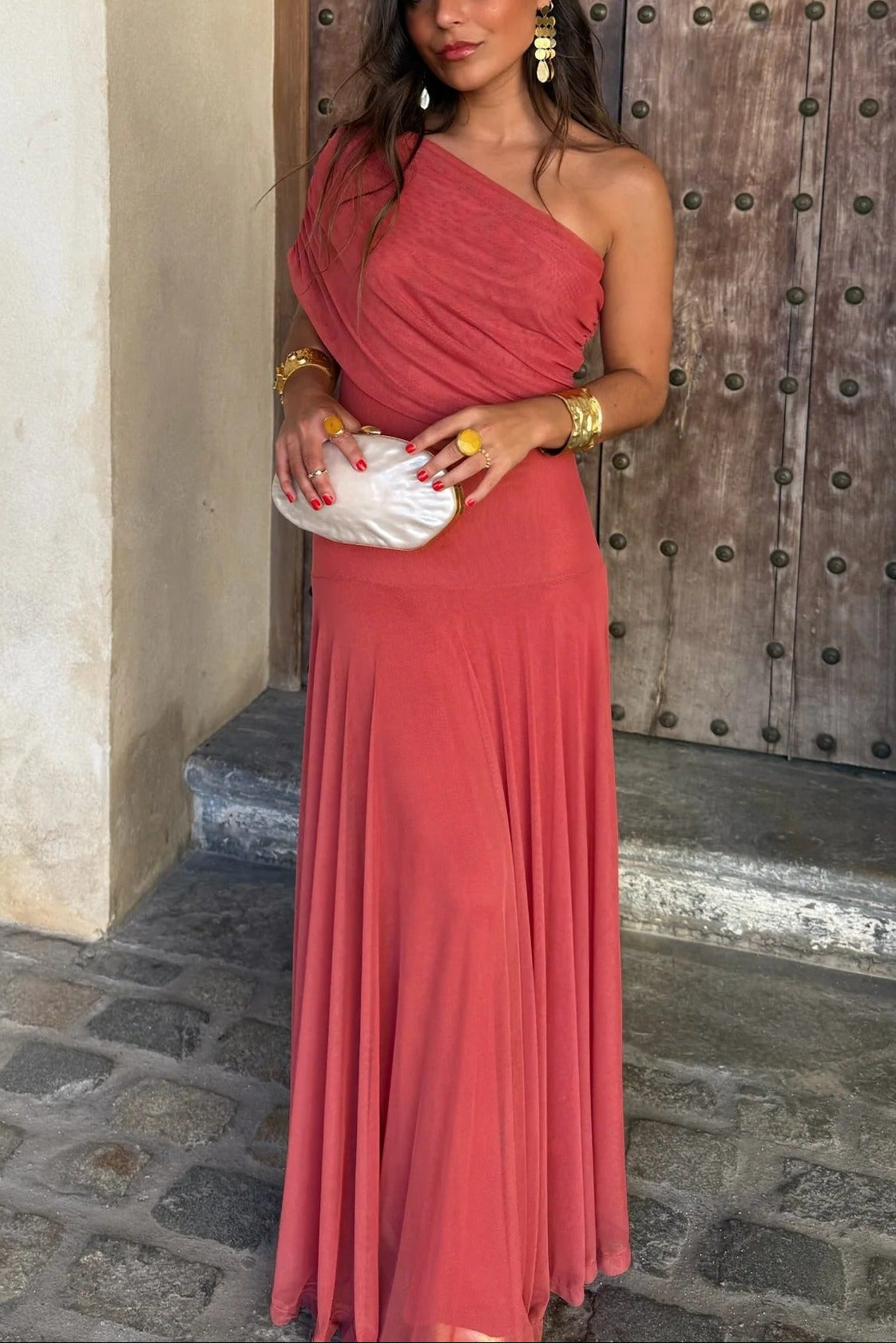 Brittany One-Shoulder Mesh Maxi Dress