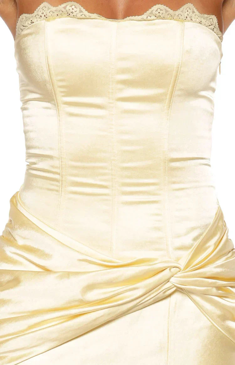 Sasha Yellow Ruched Twist Satin Maxi Dress