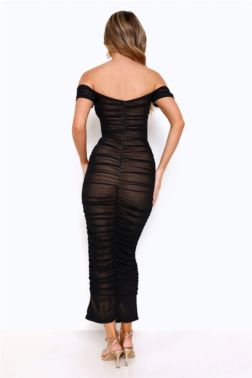 Power Moves Off Shoulder Mesh Maxi Dress Black