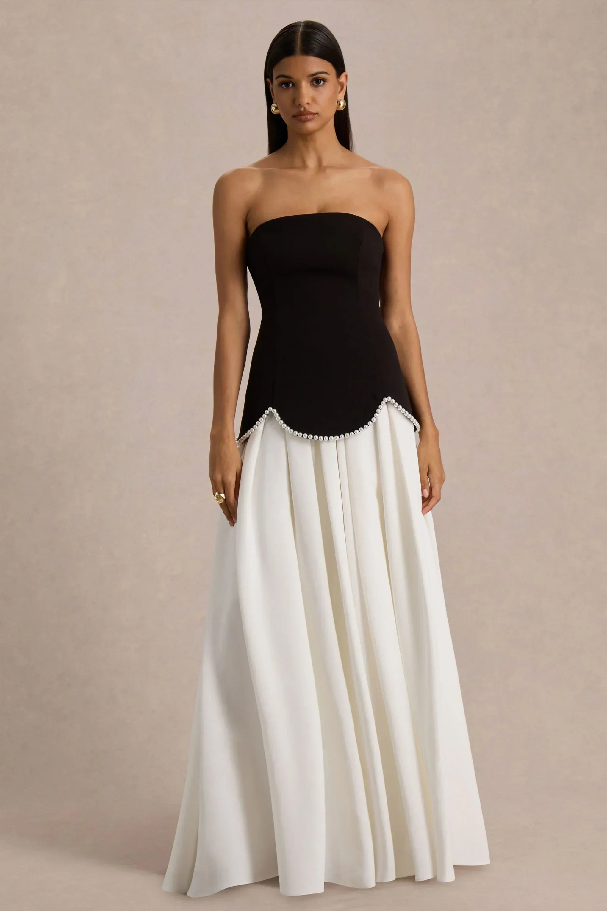 Wendy | Black And White Maxi Dress With Drop-Waist And Pearl Embellishment