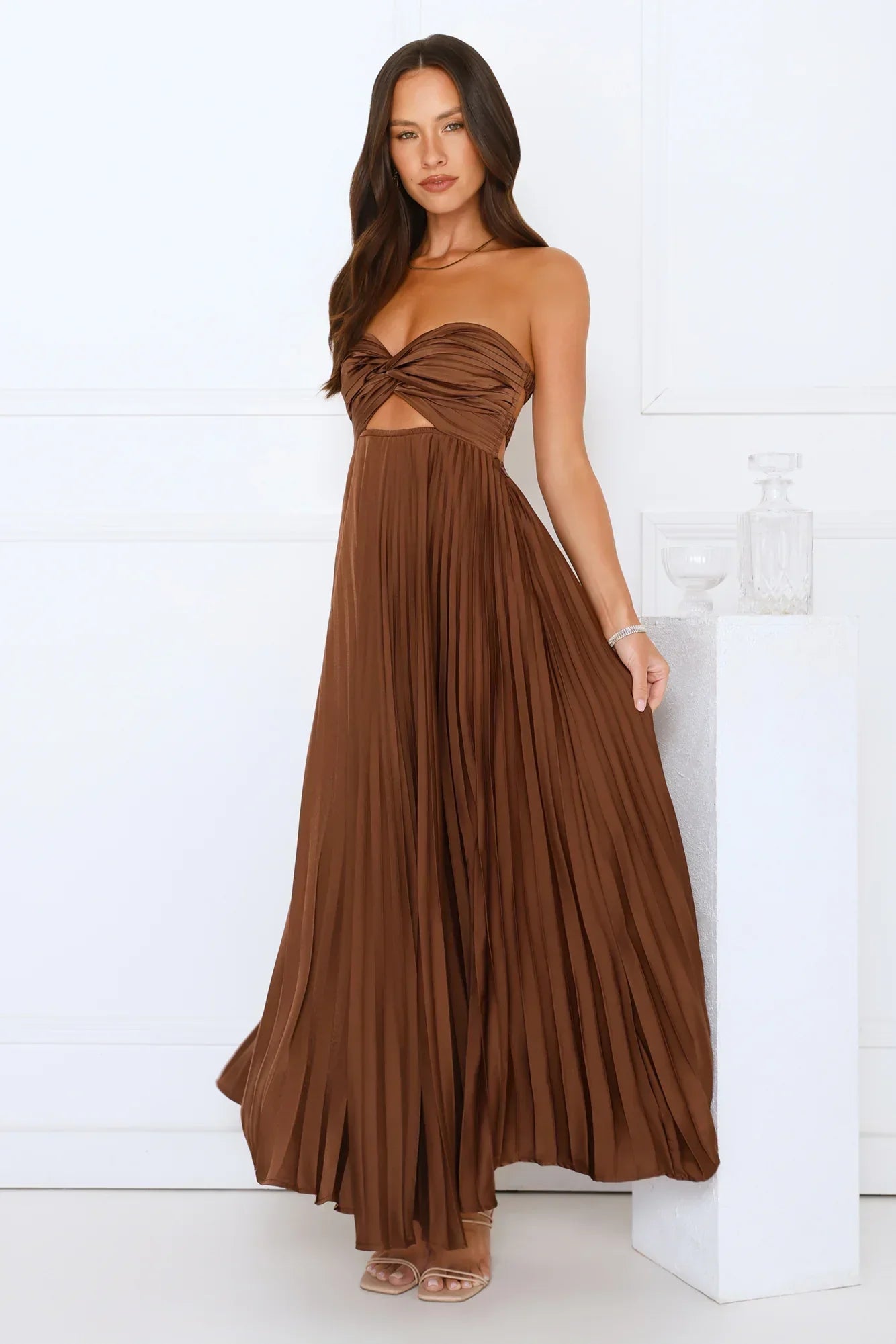 Vibes Are Priceless Strapless Satin Pleated Maxi Dress