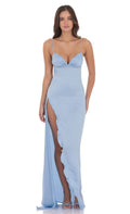 Satin Ruffle Slit Maxi Dress in Light Blue