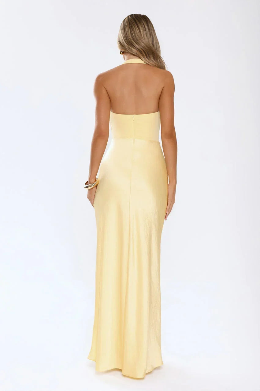 The Dress Effect Satin Halter Maxi Dress Yellow