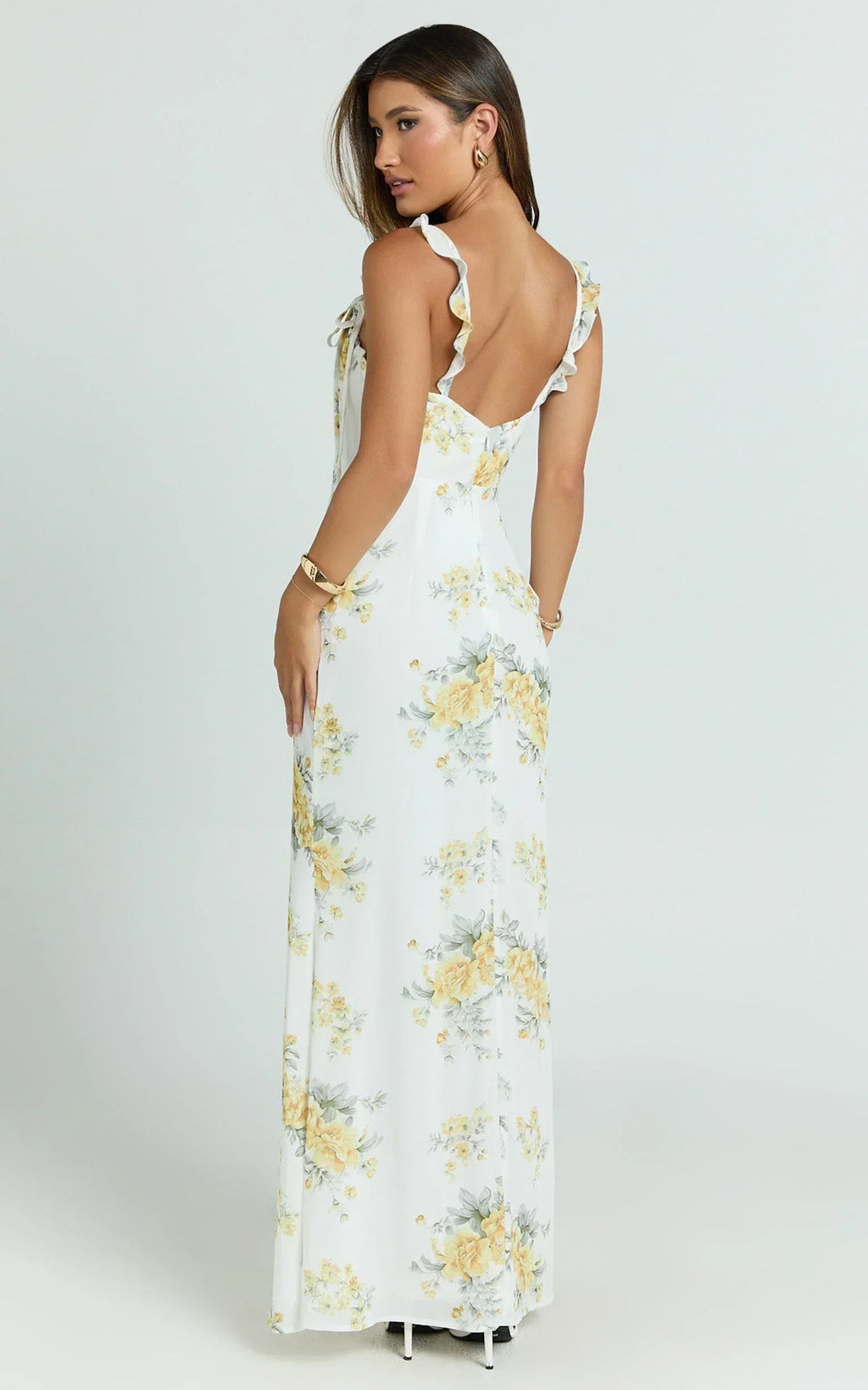 Mabel Maxi Dress - Georgette Frill Sleeve Sweetheart Bias Cut Dress in Antique Florals
