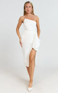 Marcelita Midi Dress - One Shoulder Drape Detail Faux Wrap Dress in White