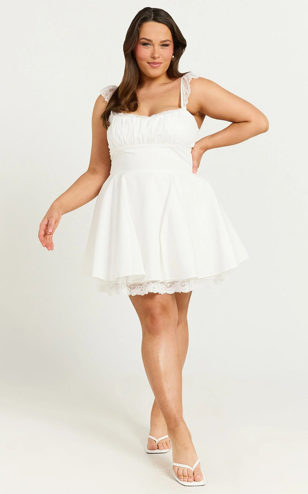 Adalee Mini Dress - Sleeveless Ruched Bodice Lace Trim Dress in Off White