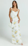Mabel Maxi Dress - Georgette Frill Sleeve Sweetheart Bias Cut Dress in Antique Florals