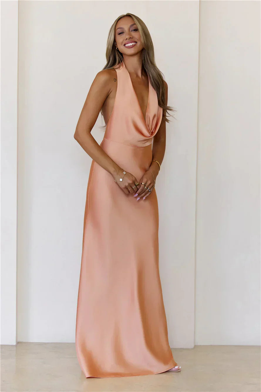 Nightfall Noir Halter Satin Maxi Dress