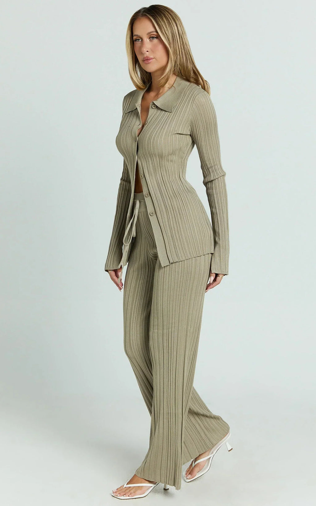 Kelsey Top - Button Through Long Sleeve Knitted Top in Taupe
