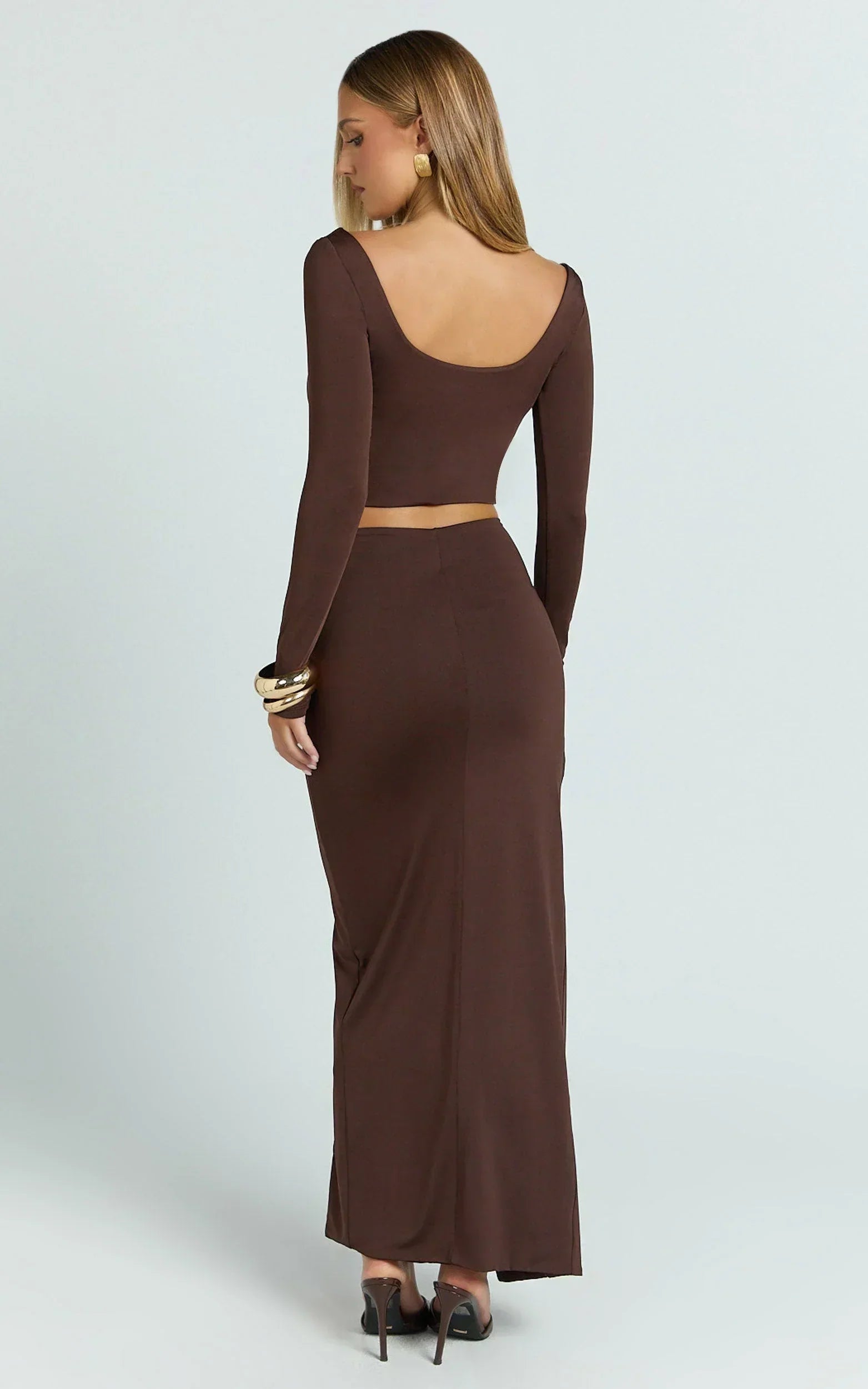 Owen Two Piece Top and Skirt Set - Long Sleeve Crop Top and Knot Front Maxi Skirt Set in Chocolate