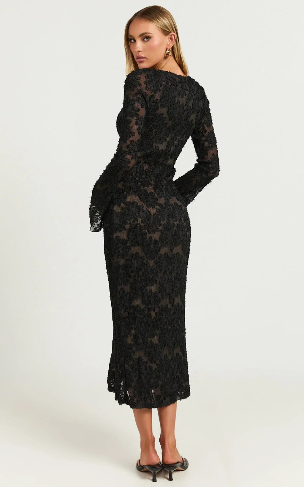 Kathy Midi Dress - Scoop Neck Long Sleeve Jacquard Textured Dress in Black
