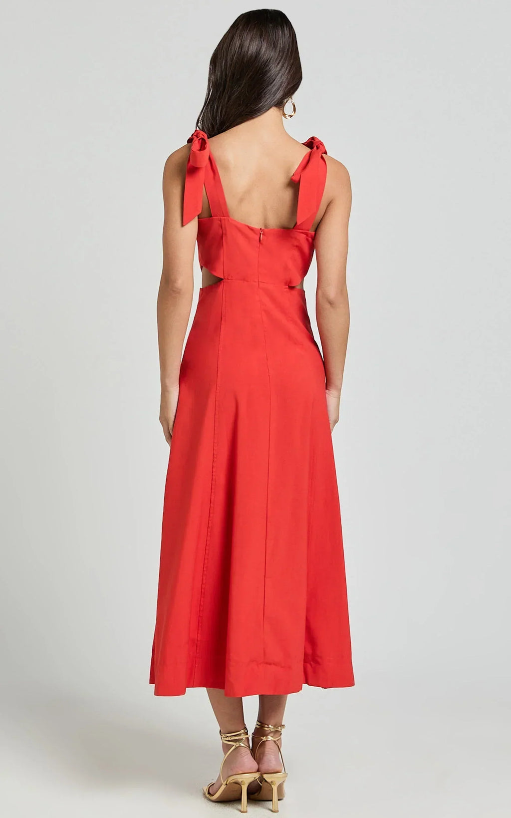 Giana Midi Dress - Shoulder Tie Cut Out Thigh Split Dress in Red