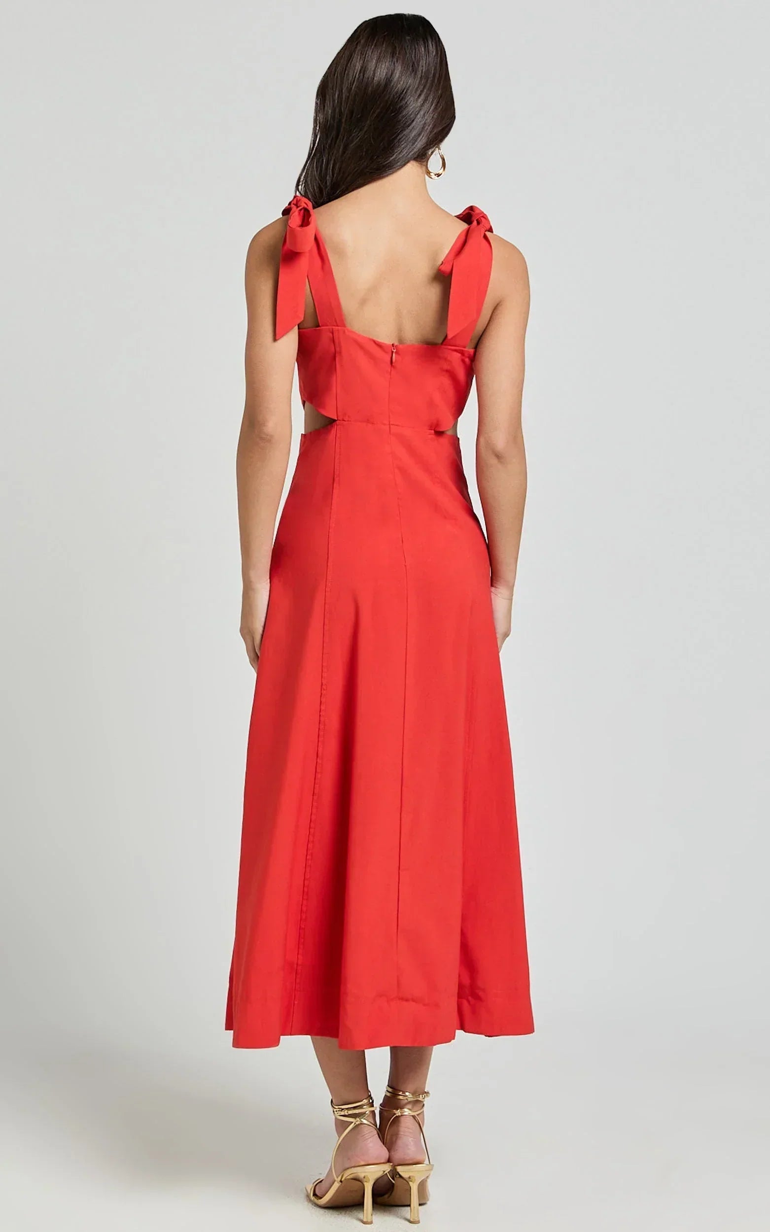 Giana Midi Dress - Shoulder Tie Cut Out Thigh Split Dress in Red