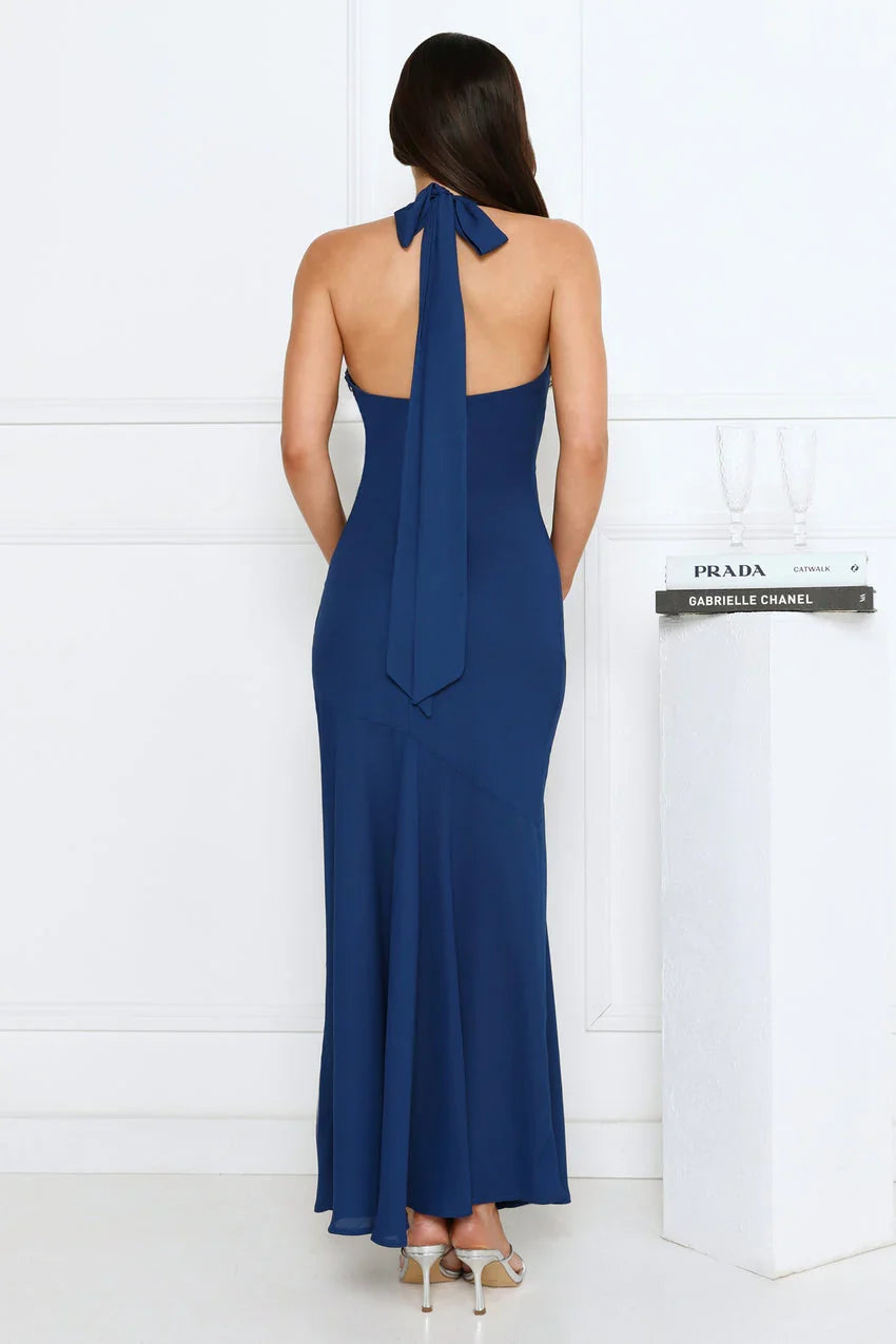 Polished Edge Halter Maxi Dress Navy