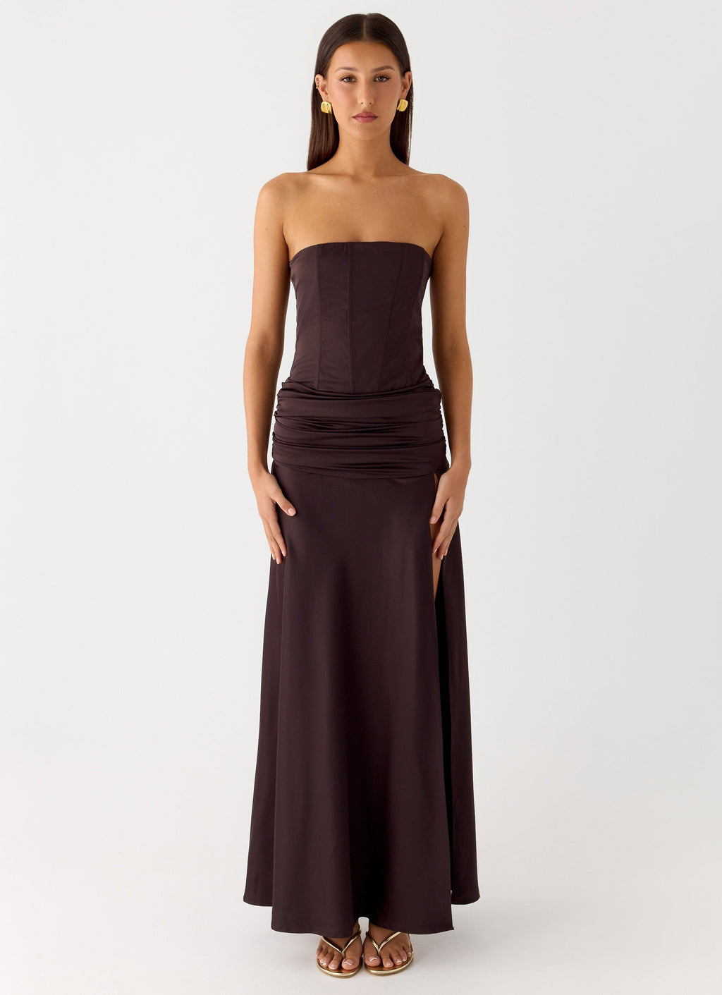 Darana Corset Satin Maxi Dress Chocolate