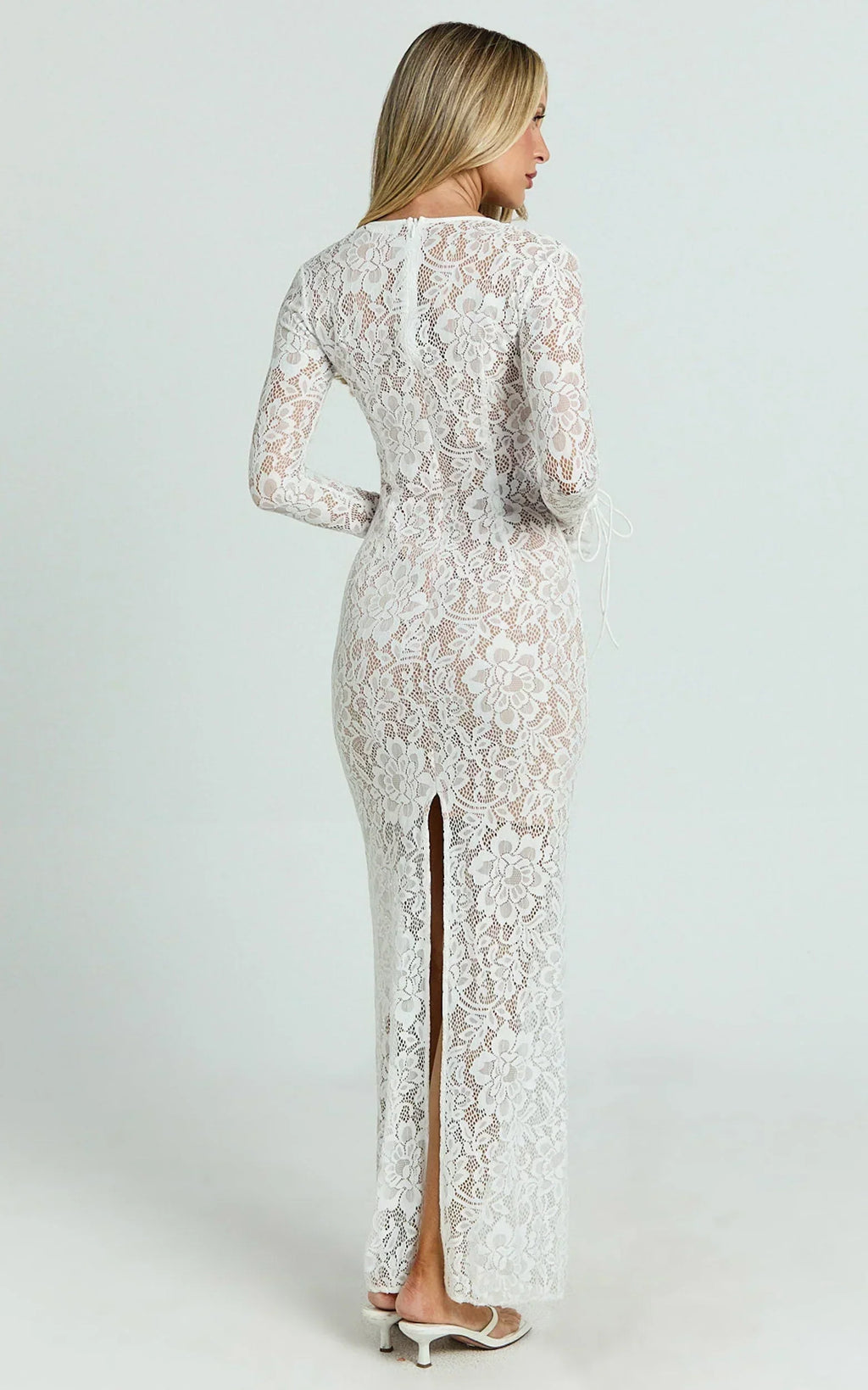 Paula Maxi Dress - Lace V Neck Long Sleeve Column Dress in White