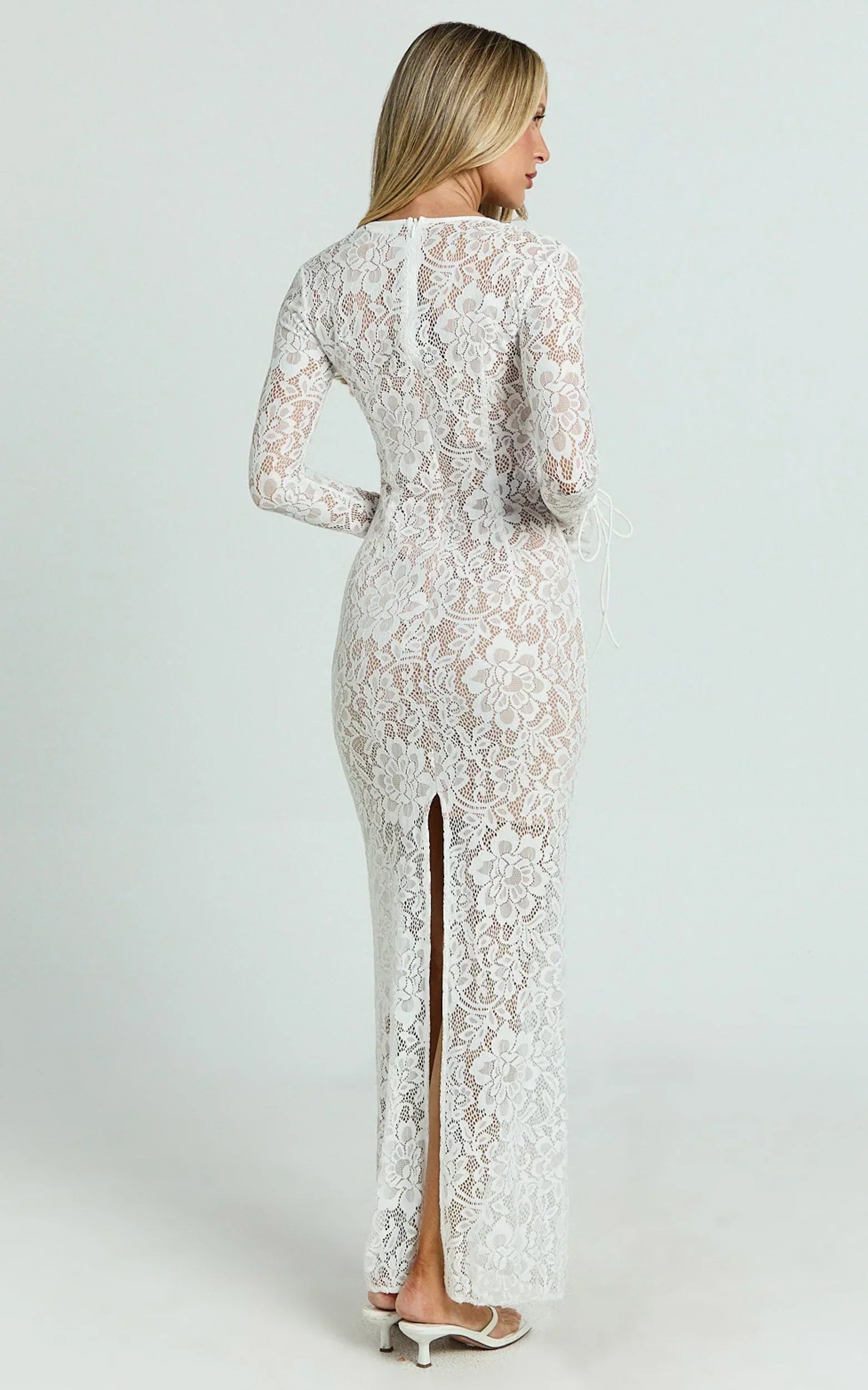 Paula Maxi Dress - Lace V Neck Long Sleeve Column Dress in White
