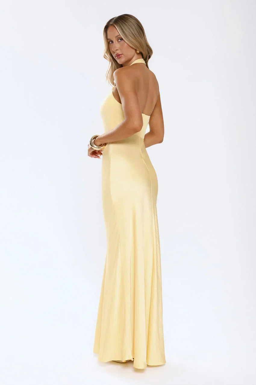 The Dress Effect Satin Halter Maxi Dress Yellow