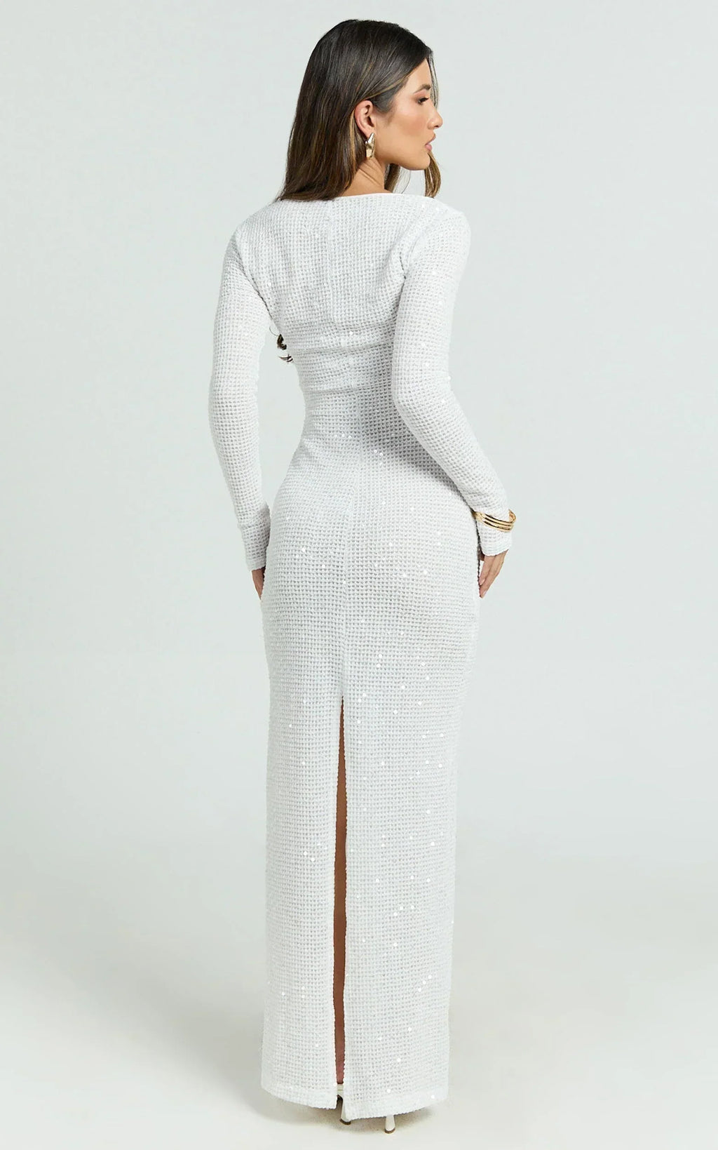 Laine Maxi Dress - Sequin Lace Wide Scoop Neck Long Sleeve Column Dress in White