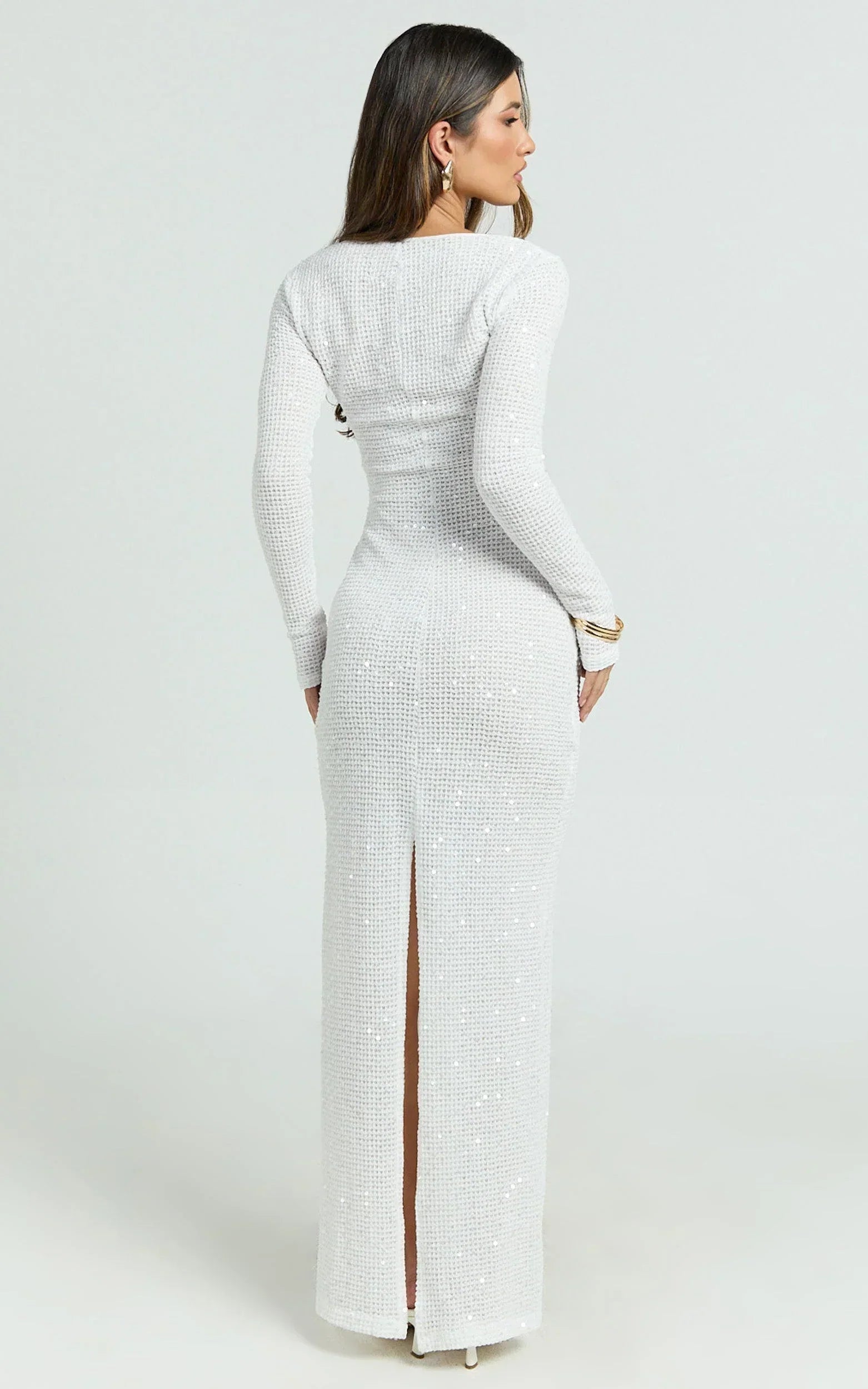 Laine Maxi Dress - Sequin Lace Wide Scoop Neck Long Sleeve Column Dress in White