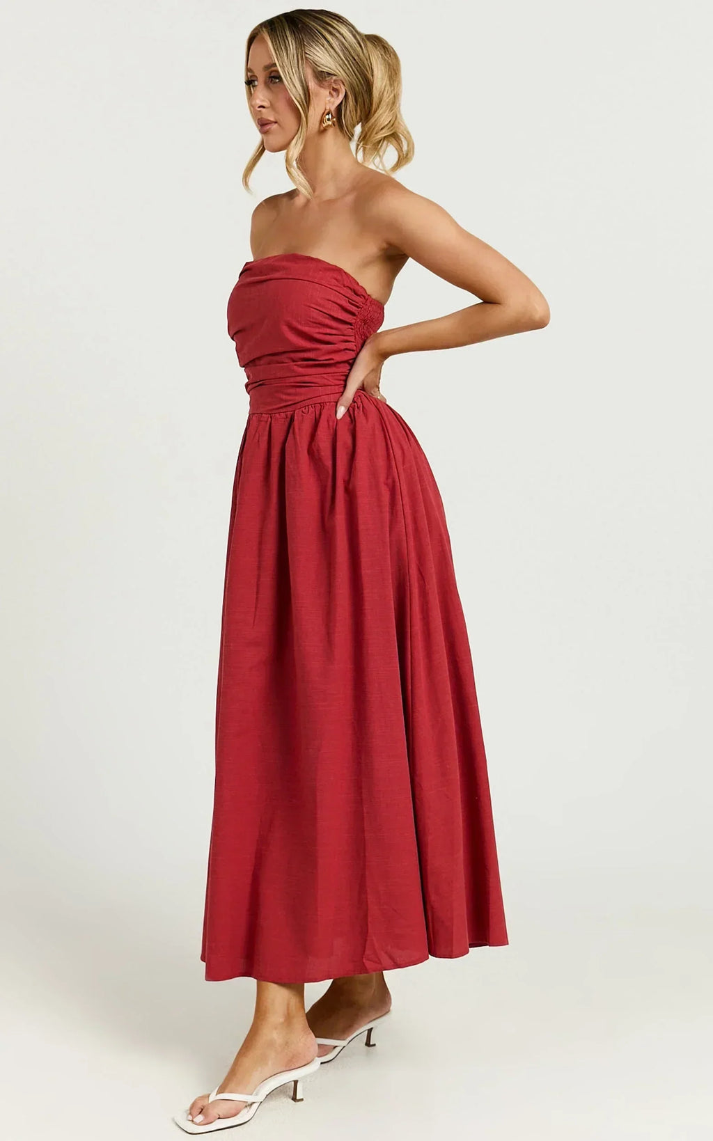 Polly Midi Dress - Strapless Ruched Dress in Red