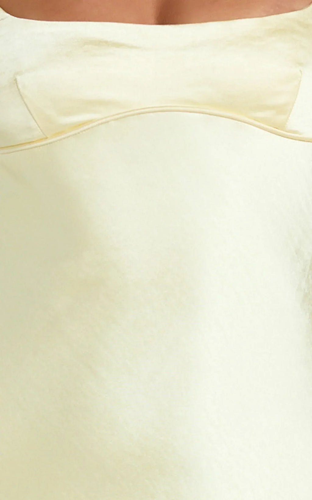 Natalie Maxi Dress - Satin Scoop Neck Low Tie Back Slip Dress in Lemon