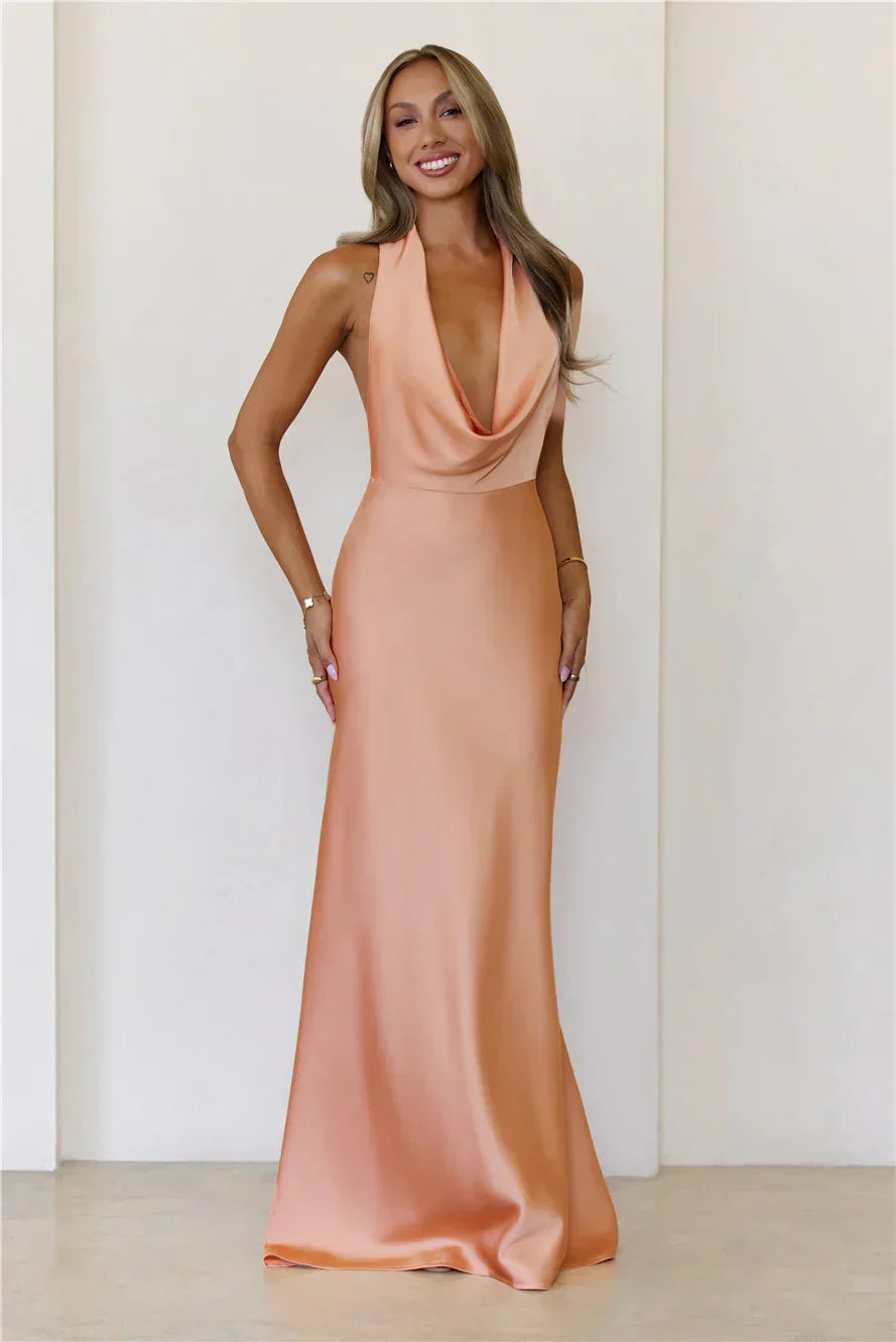 Nightfall Noir Halter Satin Maxi Dress