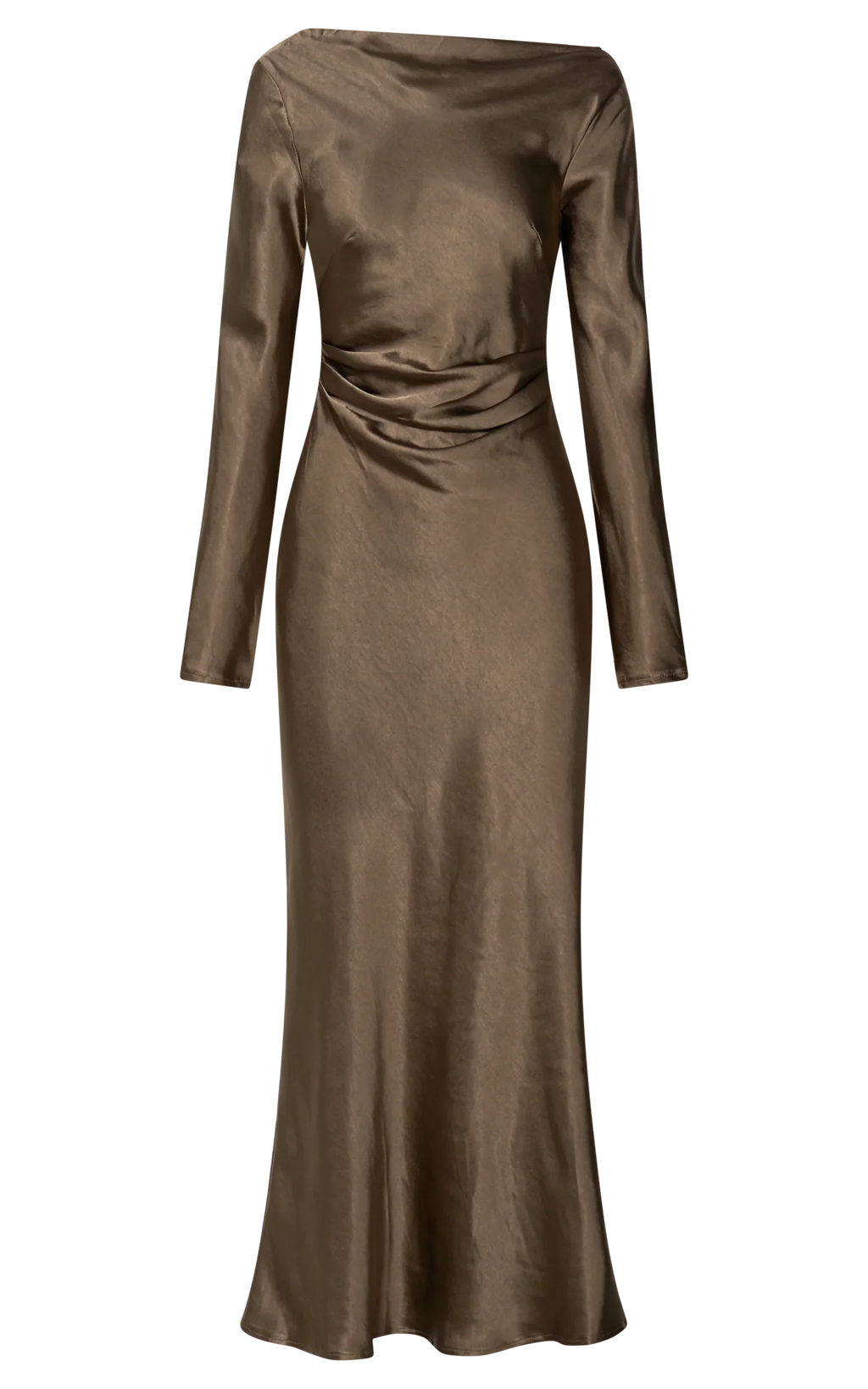 Arriana Midi Dress - Long Sleeve Cowl Back Satin Dress in Dark Olive