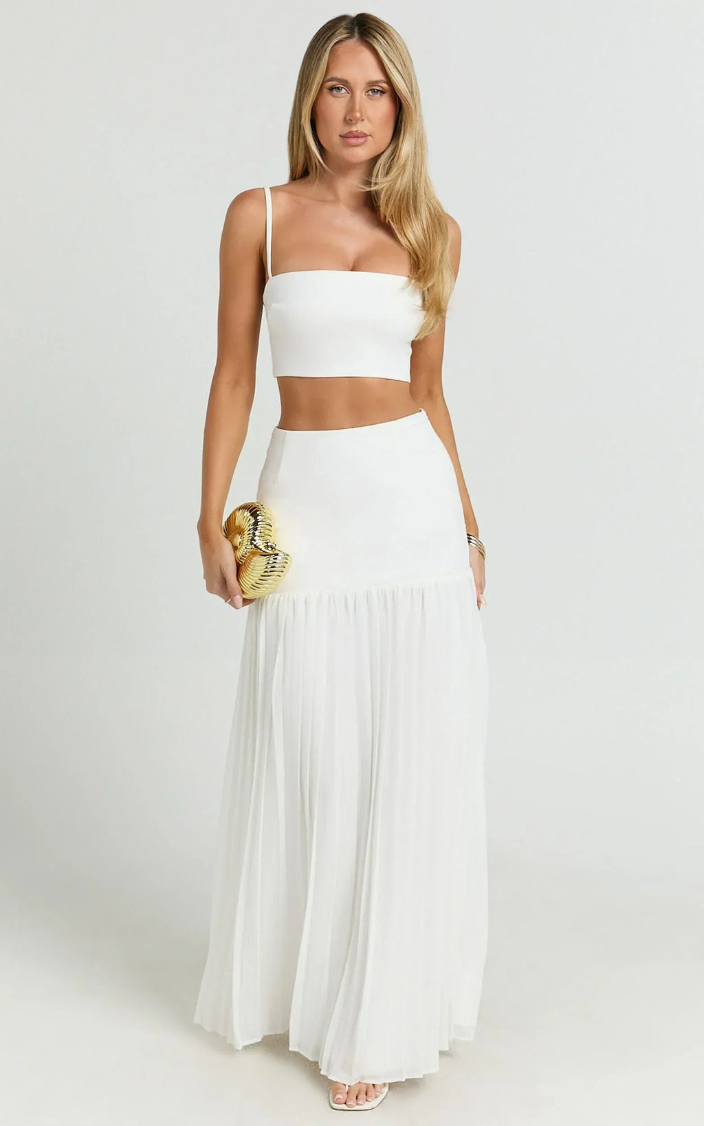 Rowan Two Piece Set - Square Neck Crop Top And High Waist Pleated Skirt Set In Ivory
