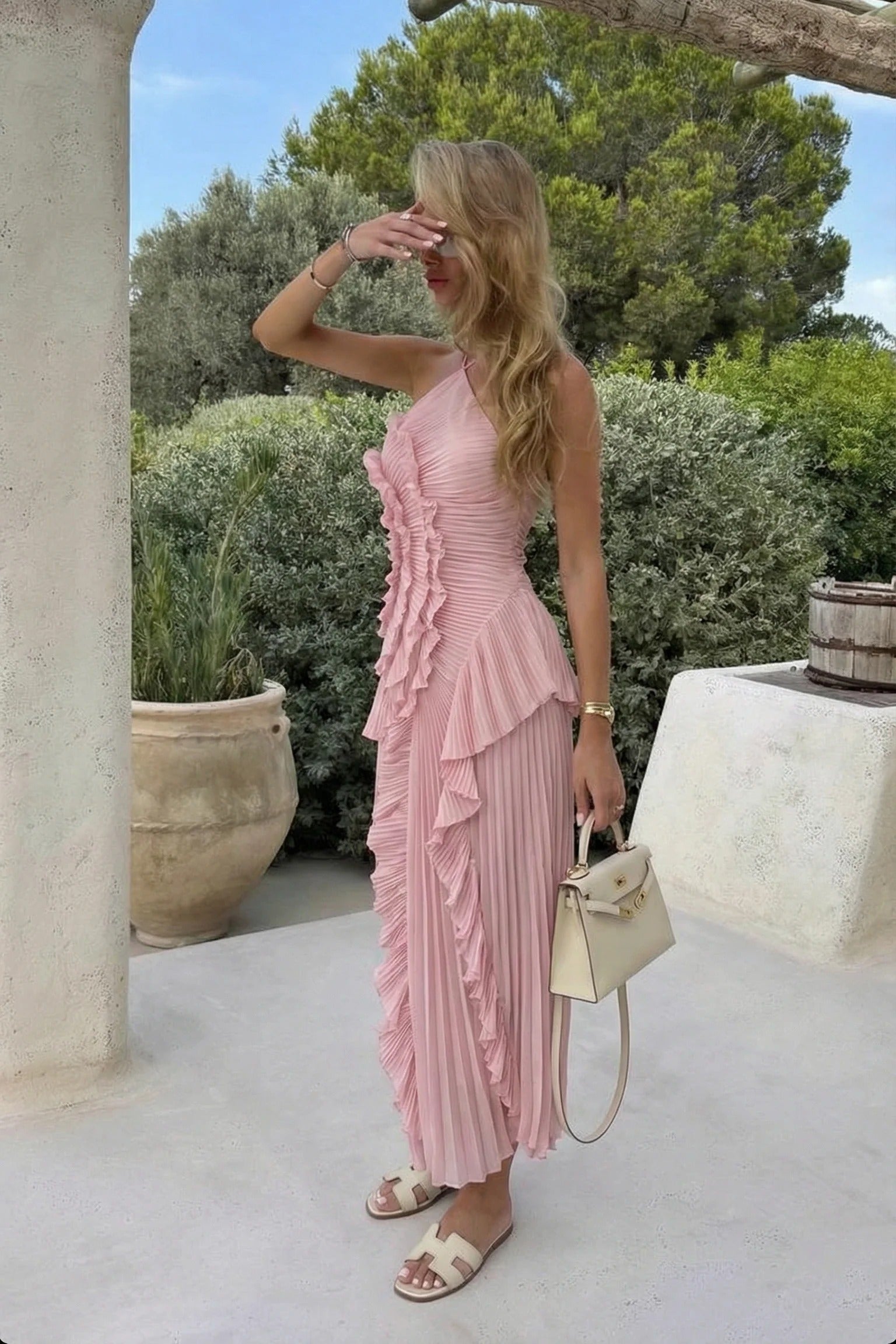 Eliza Pleated Ruffled Maxi Dress
