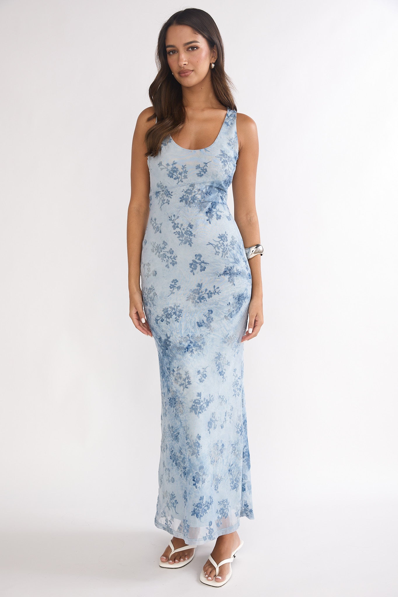Elowra Mesh Maxi Dress Floral Blue
