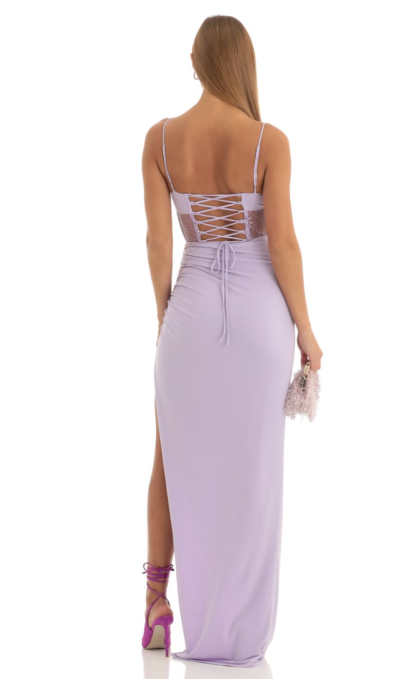 Cutout Glitter Corset Maxi Dress in Purple