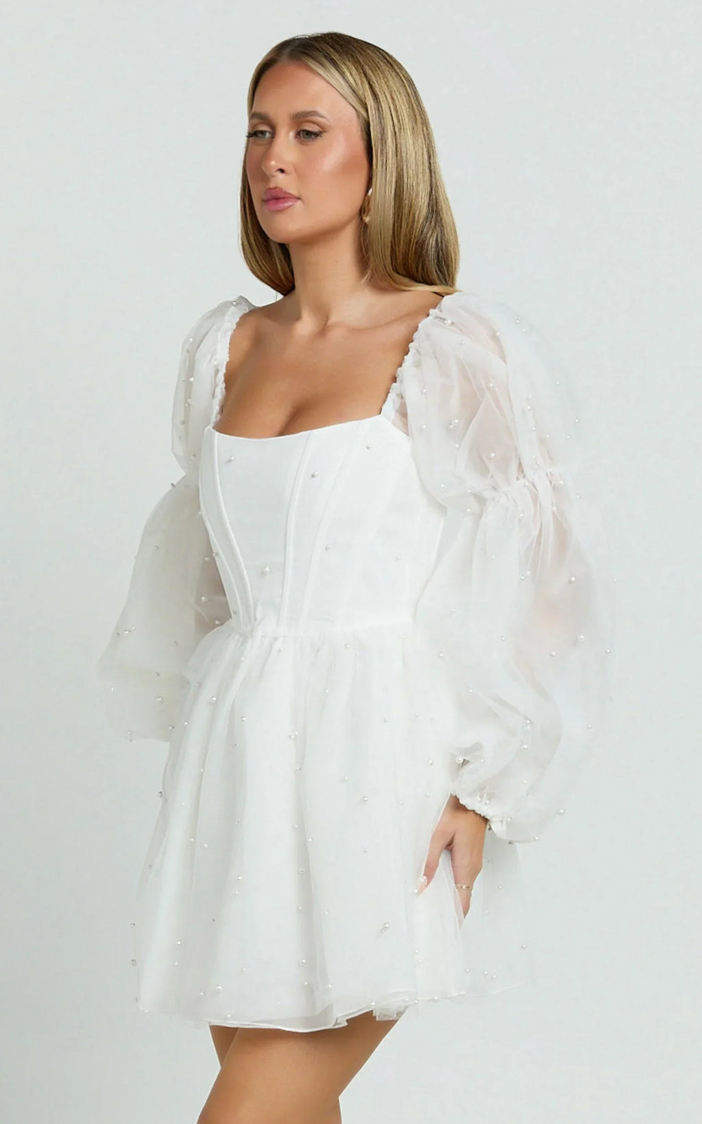Ingrid Mini Dress - Long Puff Sleeve Pearl Detail Dress in White
