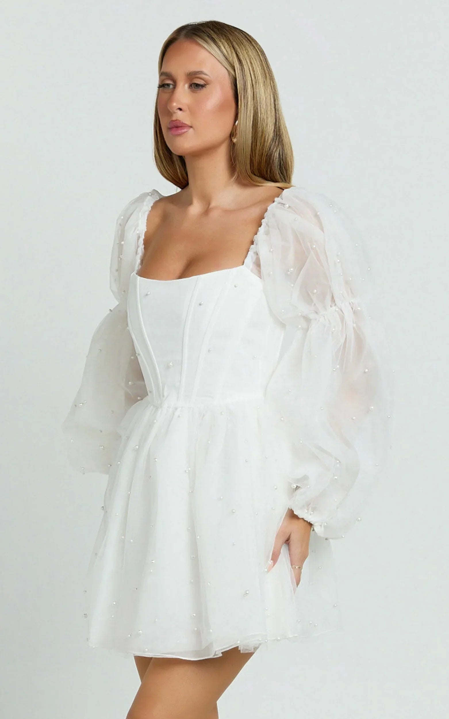 Ingrid Mini Dress - Long Puff Sleeve Pearl Detail Dress in White