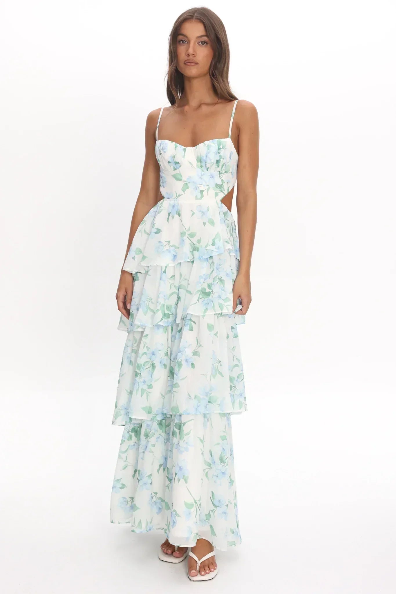 Vianne Tiered Cut-Out Maxi Dress Floral Blue
