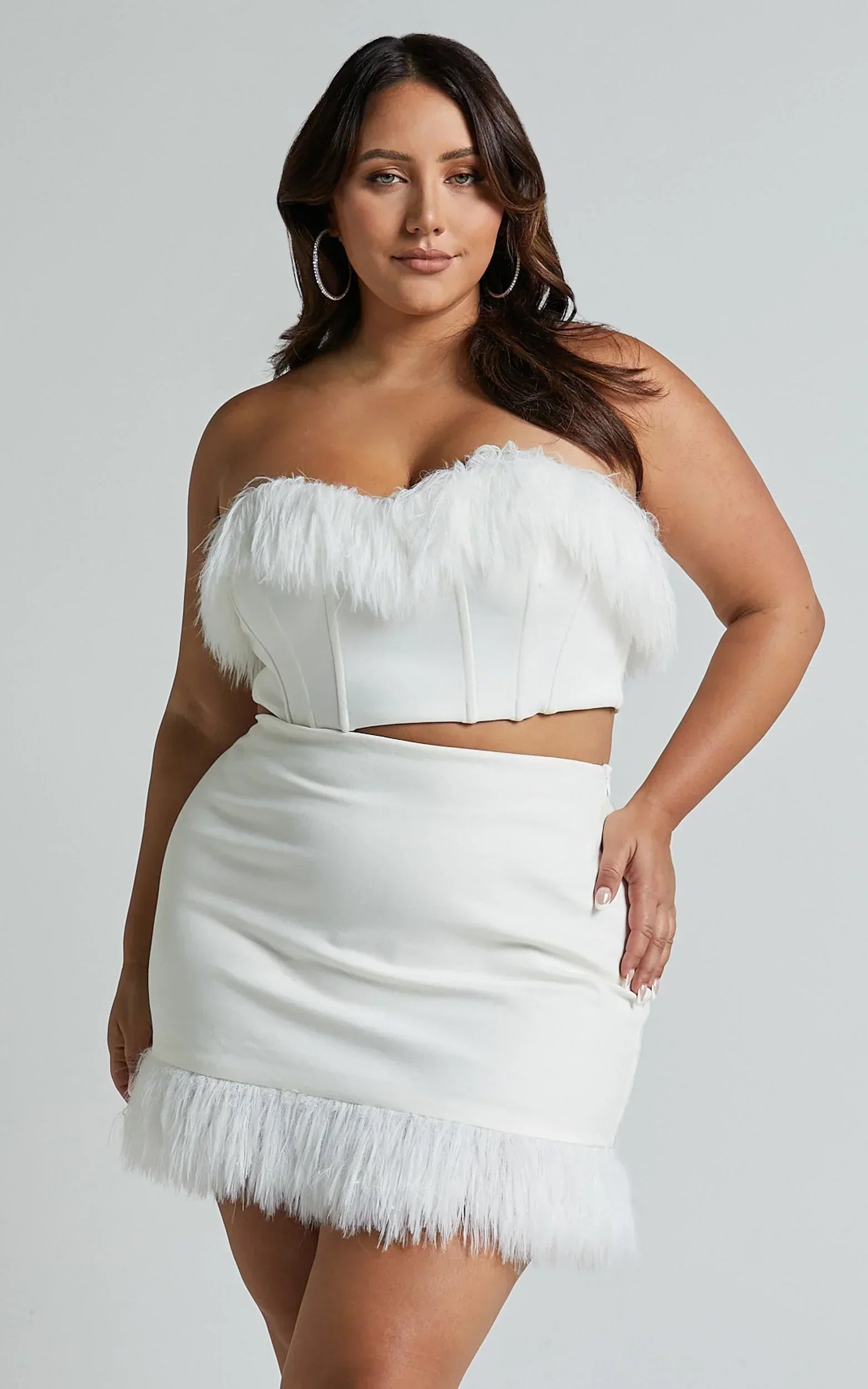 Rhaiza Mini Skirt - Faux Feather Trim High Waisted Skirt in White