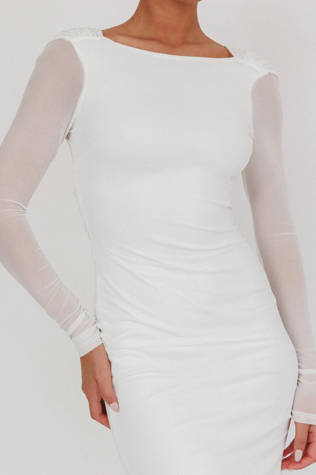 Lustre Open Back Mesh Maxi Dress White