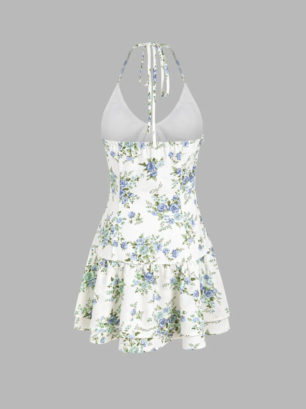 Halter V-neck Floral Layered Ruffle Hem Mini Dress