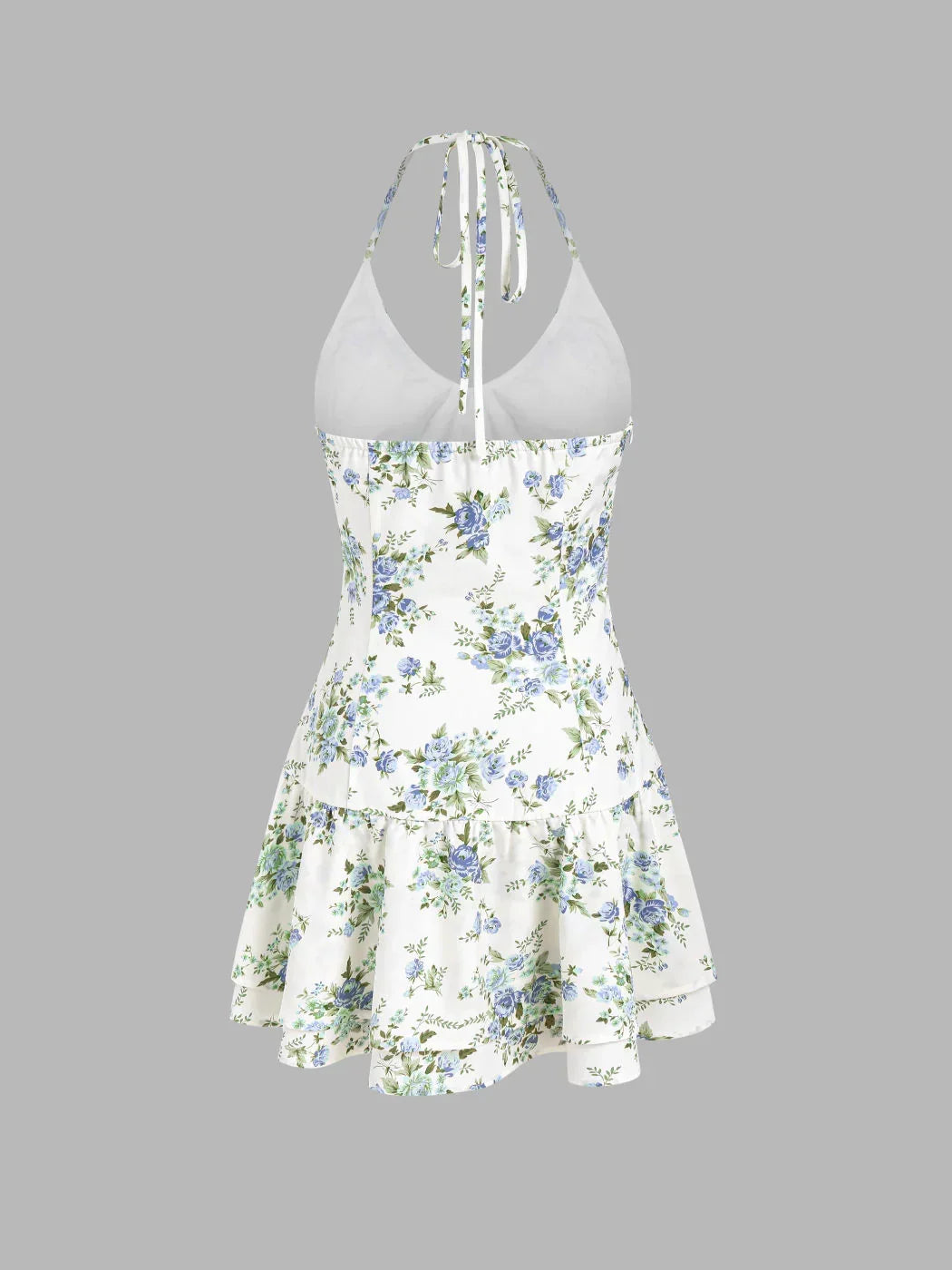 Halter V-neck Floral Layered Ruffle Hem Mini Dress