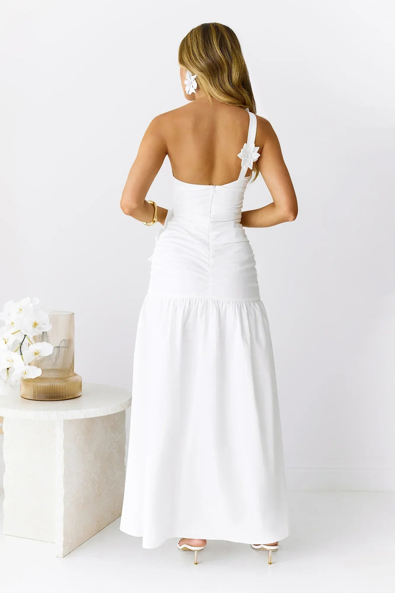 Blooming Whimsy One Shoulder Maxi Dress White