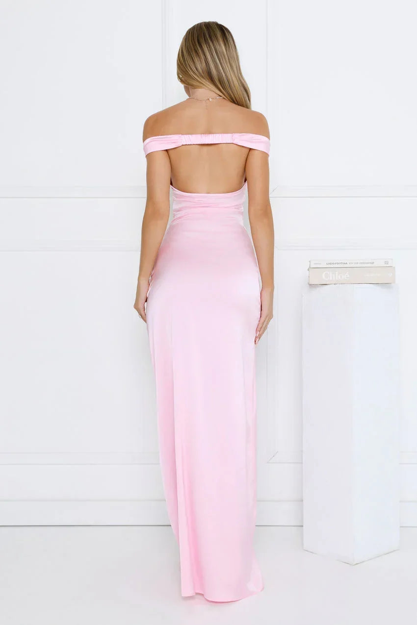 Spark Babe Off Shoulder Satin Maxi Dress Pink